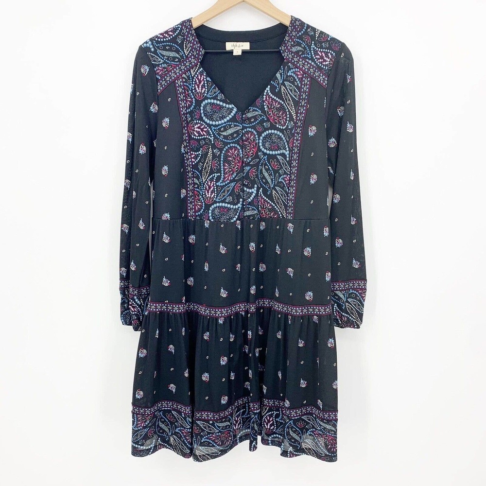 Style&Co Peasant Dress Size M Women Paisley Black V Neck Long Sleeve Stretch